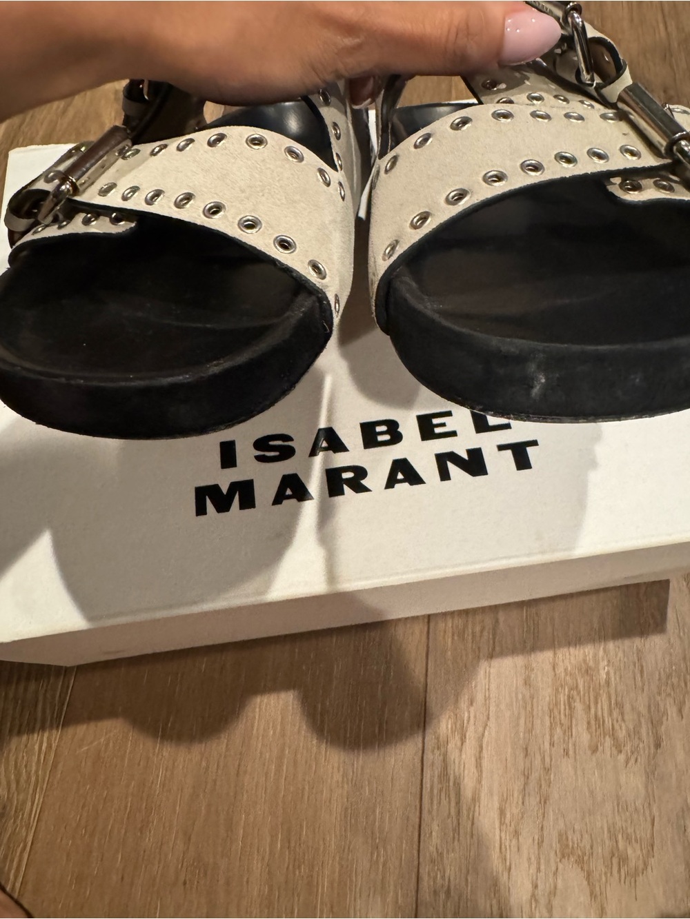 Isabel Marant Lennyo Eyelet Suede Double-Buckle Slide Sandals - Beige Sz 39 - Picture 5 of 8